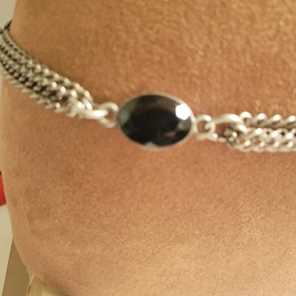Simply Vera Silver Multi Strand Chain Belt with Black Stones 39 Inch Whimsigoth